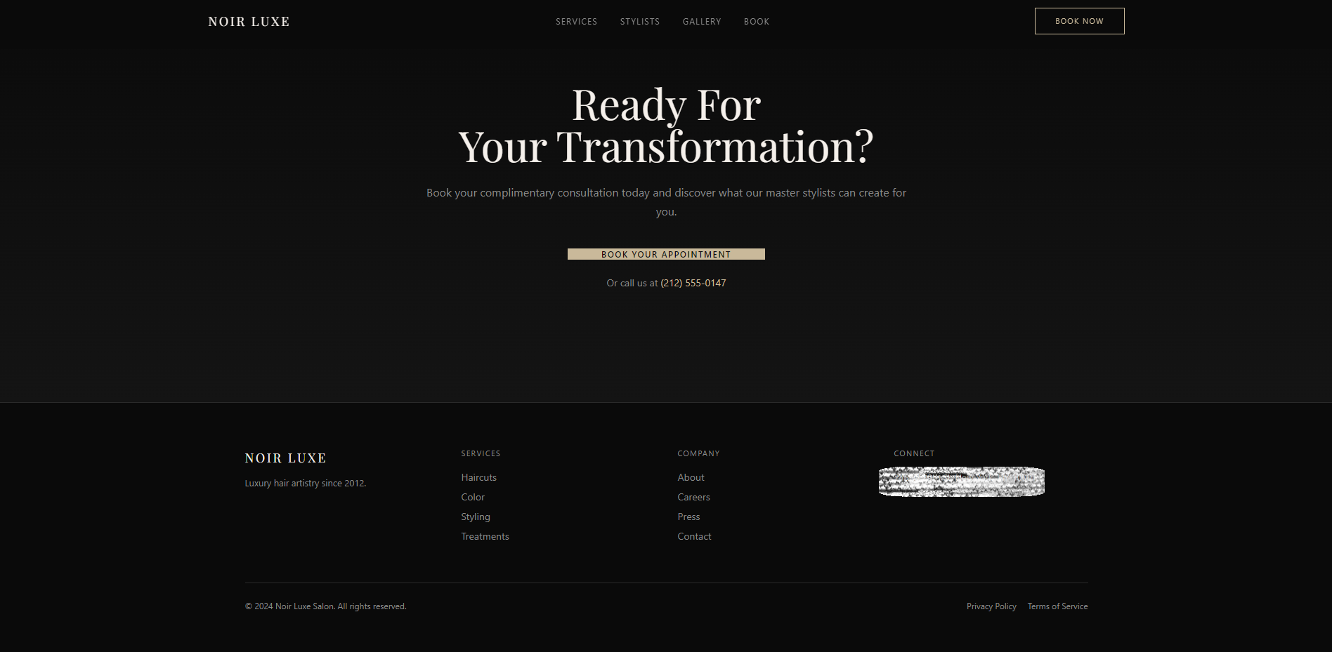 Noir Luxe booking or final section screenshot